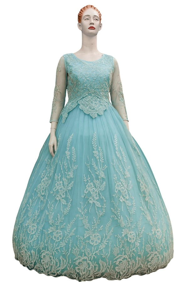 Aqua Blue Embroidered Net Ball Gown